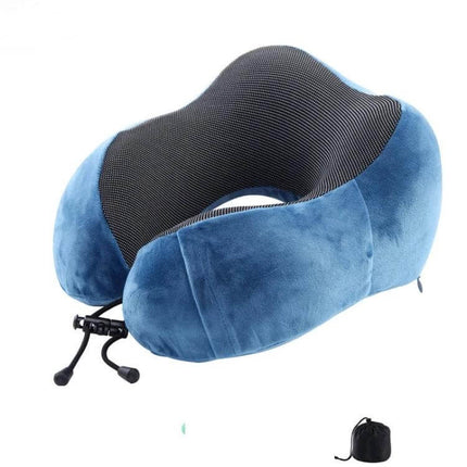 Memory Foam U-Shaped Travel Pillow For Neck Support with plush velvet cover in blue, compact 32×29×10 cm for travel and desk use