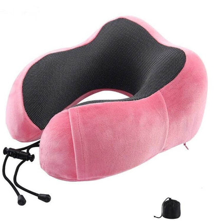 Memory Foam U-Shaped Travel Pillow For Neck Support in pink plush velvet with contoured memory foam core and adjustable drawstring
