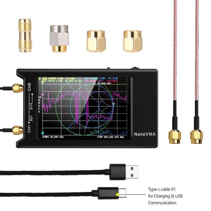 NANOVNA-H Vector Network Analyzer with 4-Inch LCD Screen showing Smith chart, cables and SMA adapters for antenna and cable testing
