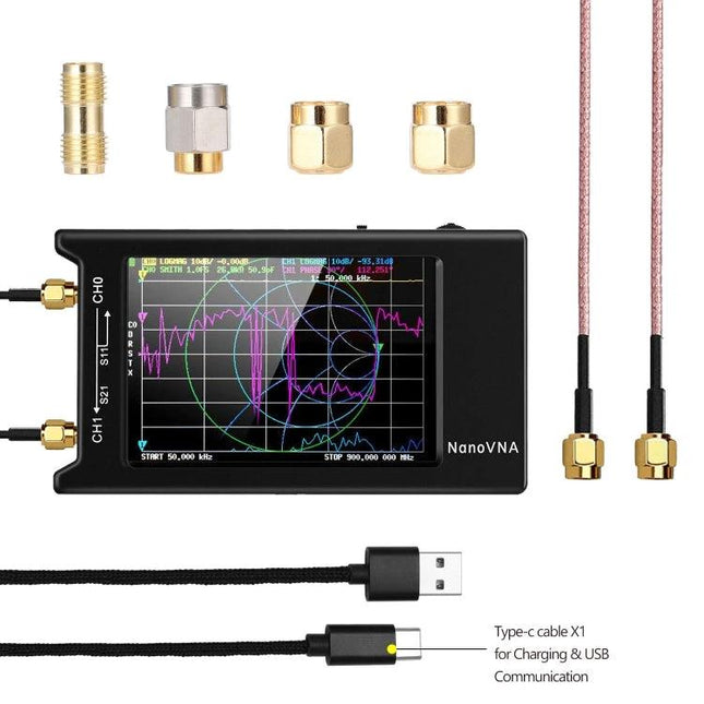 NANOVNA-H Vector Network Analyzer with 4-Inch LCD Screen showing Smith chart, cables and SMA adapters for antenna and cable testing