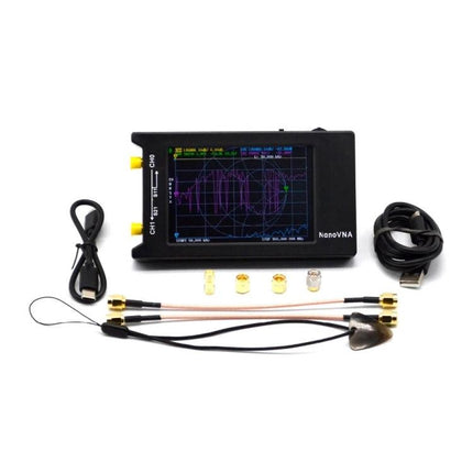 NANOVNA-H Vector Network Analyzer with 4-Inch LCD Screen showing Smith chart and included cables, adapters and USB cable for antenna and cable testing