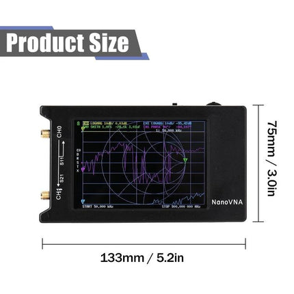 NANOVNA-H Vector Network Analyzer with 4-Inch LCD Screen showing Smith chart and dimensions 133mm x 75mm