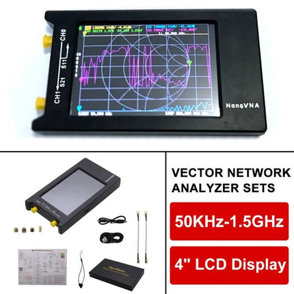 NANOVNA-H Vector Network Analyzer with 4-Inch LCD Screen showing Smith chart and antenna test accessories