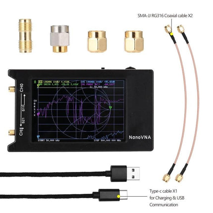 NANOVNA-H Vector Network Analyzer with 4-Inch LCD Screen showing Smith chart, SMA adapters, RG316 coax cables and USB Type-C charging cable