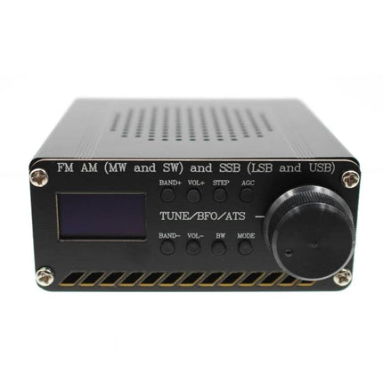 Portable Battery-Powered All-Band Radio for FM, AM, and Shortwave front view showing controls, tuning knob, display and vents with 1200mAh battery
