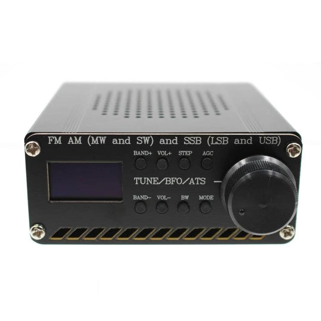 Portable Battery-Powered All-Band Radio for FM, AM, and Shortwave front view showing controls, tuning knob, display and vents with 1200mAh battery