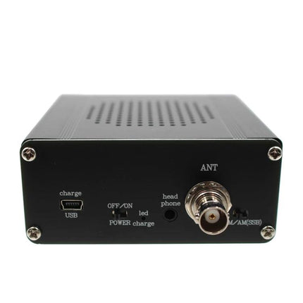 Portable Battery-Powered All-Band Radio for FM, AM, and Shortwave showing front panel with USB charge port, headphone jack, ANT connector and power switch
