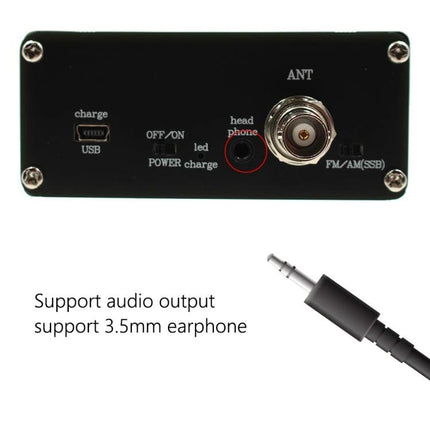Portable Battery-Powered All-Band Radio for FM, AM, and Shortwave showing rear panel with ANT connector, 3.5mm headphone jack and USB charge port