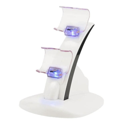 IPLAY Stand for Charging Gaming Controllers at Home with dual-slot white charging dock and blue LED lights