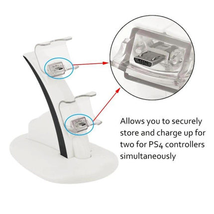 IPLAY Stand for Charging Gaming Controllers at Home - white dual PS4 controller charging dock to organize and charge two controllers
