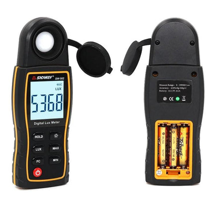 SNDWAY Handheld Digital Illuminance Meter for Accurate Light Measurement showing front display and rear battery compartment with rotatable sensor cover