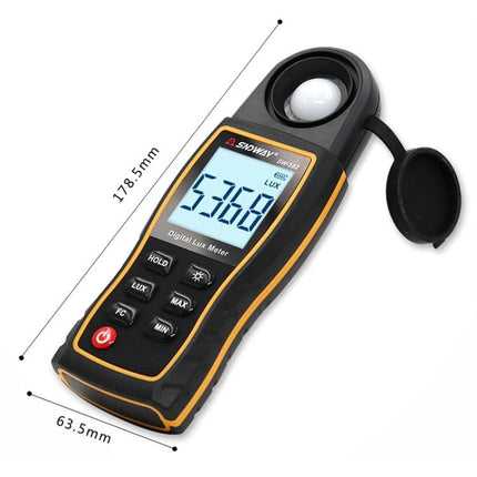 SNDWAY Handheld Digital Illuminance Meter for Accurate Light Measurement showing rotatable probe, LCD reading 5368 lux and dimensions 178.5×63.5mm
