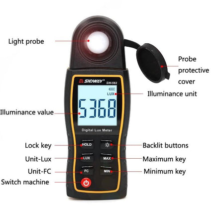 SNDWAY Handheld Digital Illuminance Meter for Accurate Light Measurement showing rotatable probe, backlit display reading 5368 lux and labeled buttons
