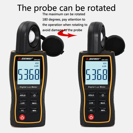 SNDWAY Handheld Digital Illuminance Meter for Accurate Light Measurement showing rotatable probe and digital lux readout 5368