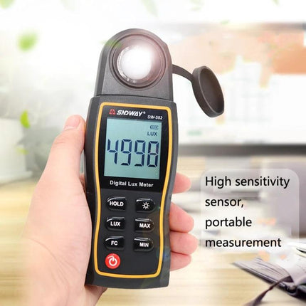 SNDWAY Handheld Digital Illuminance Meter for Accurate Light Measurement showing rotatable probe, large LCD reading 4998 lux and portable handheld design