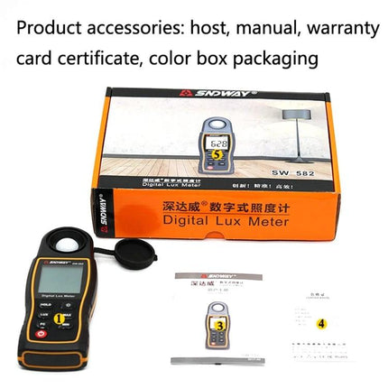 SNDWAY Handheld Digital Illuminance Meter for Accurate Light Measurement showing device, rotatable probe, manual and packaging