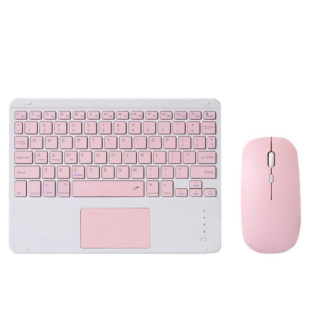 Portable 9.7 Inch Bluetooth Keyboard with Touchpad for iPad Set in pink with matching mouse, compact wireless keyboard and touchpad for tablet use