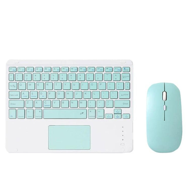 Portable 9.7 Inch Bluetooth Keyboard with Touchpad for iPad Set in white and mint with matching mouse, compact travel keyboard and touchpad for iPad