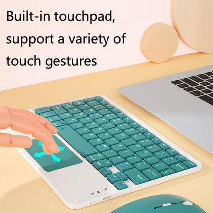 Portable 9.7 Inch Bluetooth Keyboard with Touchpad for iPad Set showing teal compact keyboard with built-in touchpad and matching mouse next to laptop