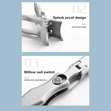Nail Cutter With Anti Splash Design Stainless Steel showing 3D curved cutting edge and splash-proof clipping compartment