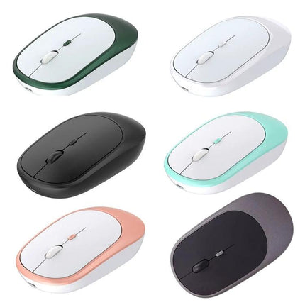 Wireless Quiet Ergonomic Mouse for Office and Laptop Use shown in six color options arranged in grid — white, green, black, mint, rose gold, and charcoal