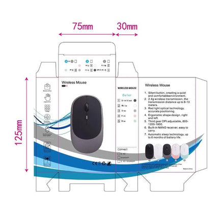 Wireless Quiet Ergonomic Mouse for Office and Laptop Use packaging dieline showing dimensions, product features, and mouse image