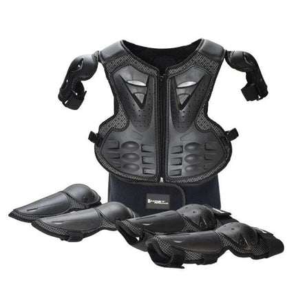 Kids Motorcycle Protective Gear Set Vest Knee And Elbow Pads kids black chest vest with matching knee and elbow pads for ages 5–13, PE shell and foam lining