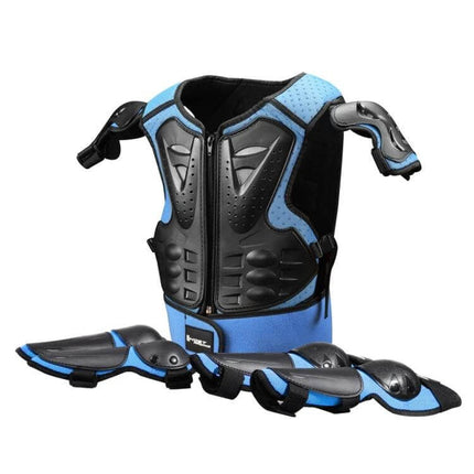 Kids Motorcycle Protective Gear Set Vest Knee And Elbow Pads - blue PE shell chest vest with knee and elbow pads for kids ages 5-13