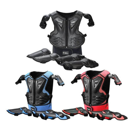 Kids Motorcycle Protective Gear Set Vest Knee And Elbow Pads - black, blue, red children's chest vest with knee and elbow pads for ages 5-13