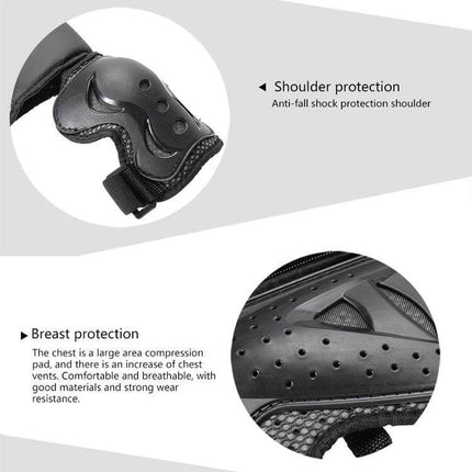 Kids Motorcycle Protective Gear Set Vest Knee And Elbow Pads showing shoulder guard and chest protection with PE shell and foam lining for ages 5–13
