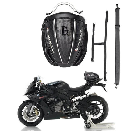 Ghost Racing Locomotive Back Bag 9L Motorcycle Tail Bag mounted on sportbike, carbon-fiber textured shell, oxford cloth straps, soft back leather protector