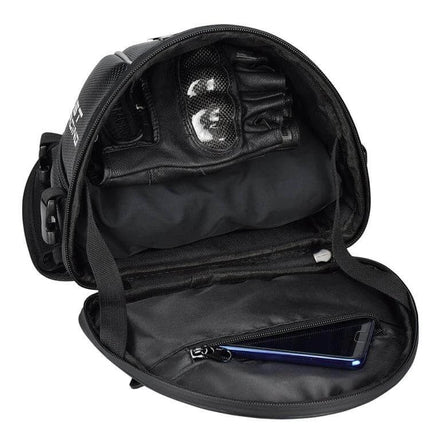 Ghost Racing Locomotive Back Bag 9L Motorcycle Tail Bag showing open interior pockets, phone pocket and carbon-fiber textured exterior
