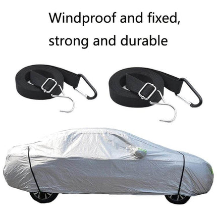 Car Windproof Belt Set 2 Pack for Securing Exterior Cover - black polyester straps with metal hooks and carabiner securing a covered car