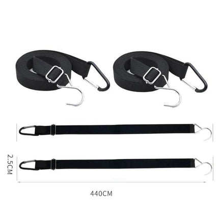 Car Windproof Belt Set 2 Pack for Securing Exterior Cover - black polyester straps with rust-resistant hooks and carabiners for trucks and SUVs