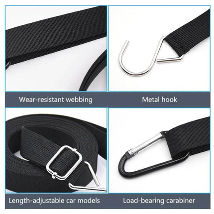 Car Windproof Belt Set 2 Pack for Securing Exterior Cover - black polyester webbing with metal hooks and carabiner for trucks and SUVs, length-adjustable
