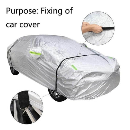 Car Windproof Belt Set 2 Pack for Securing Exterior Cover shown fastening a silver car cover on a truck/SUV with polyester straps, metal hooks and carabiner