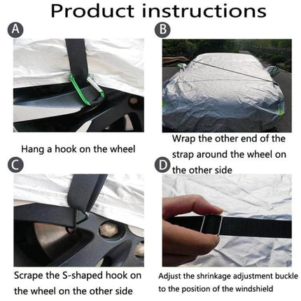 Car Windproof Belt Set 2 Pack for Securing Exterior Cover shown hooked to wheels with polyester webbing and rust-resistant metal hooks