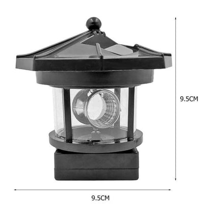 Outdoor Solar Rotating Lighthouse LED Garden Light Red with red housing, single white LED and rotating light cup for lawn, balcony or courtyard edge