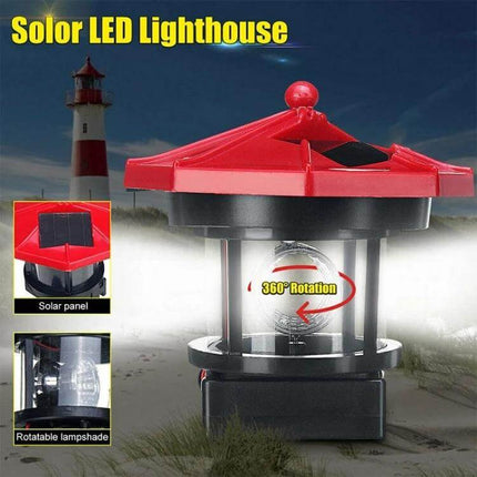 Outdoor Solar Rotating Lighthouse LED Garden Light Red with red housing, solar panel and rotating white LED lamp cup for lawn or balcony lighting
