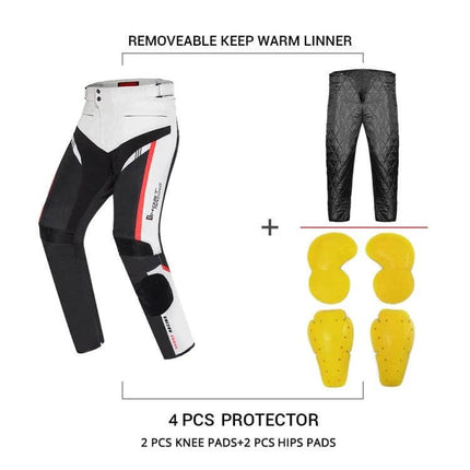 Ghost Racing Windproof Motorcycle Trousers, Size M showing black white trousers with removable inner liner and 4-piece knee and hip protectors