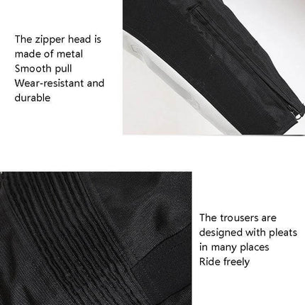 Ghost Racing Windproof Motorcycle Trousers, Size M showing metal zipper head, reflective strip and pleated knee design for durable, windproof riding