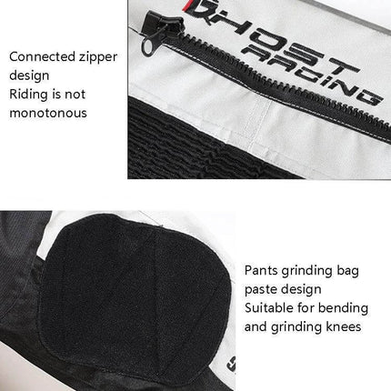 Ghost Racing Windproof Motorcycle Trousers, Size M - close-up of connected zipper and reinforced knee pad with reflective strip
