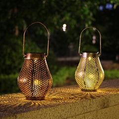 Solar-Powered Wrought Iron Hollow Lantern for Outdoor Courtyards