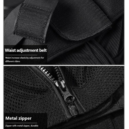 Ghost Racing Motorcycle Chest Protector For Riding, Size M - close-up of waist adjustment belt and metal zipper on black protective vest