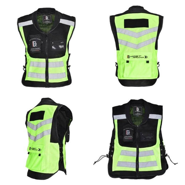 Ghost Racing Reflective Motorcycle Riding Vest Sizes M to XXXL high-visibility mesh vest with zipper pockets and elastic waist belt