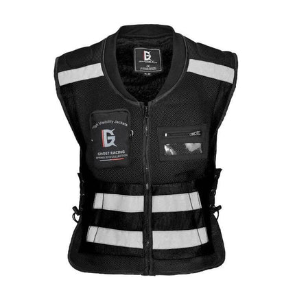 Ghost Racing Reflective Motorcycle Riding Vest Sizes M to XXXL black breathable mesh high-visibility vest with chest ID pocket and elastic waist belt