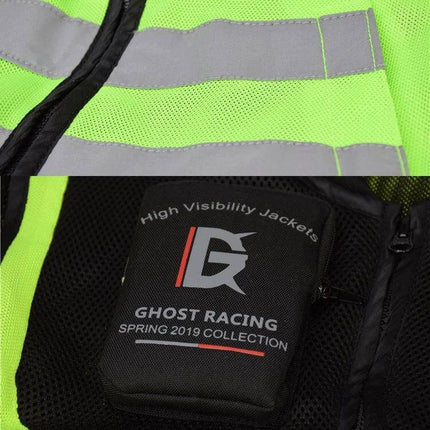 Ghost Racing Reflective Motorcycle Riding Vest Sizes M to XXXL high-visibility mesh vest with chest zipper and transparent ID pocket