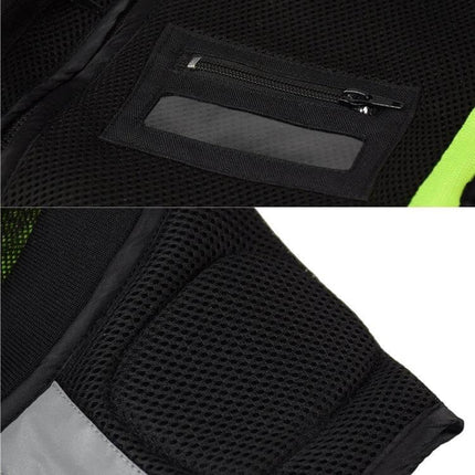 Ghost Racing Reflective Motorcycle Riding Vest Sizes M to XXXL showing mesh fabric, transparent ID pocket and chest zipper pocket for low-light visibility