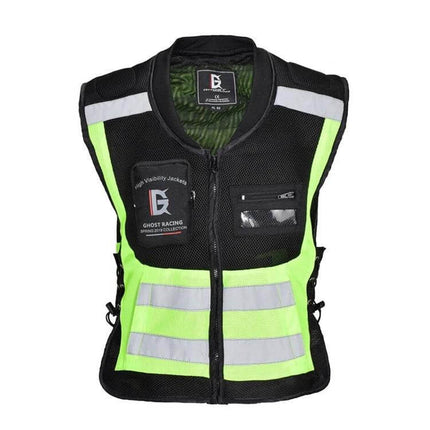 Ghost Racing Reflective Motorcycle Riding Vest Sizes M to XXXL - high-visibility mesh safety vest with chest zipper pocket and transparent ID pocket