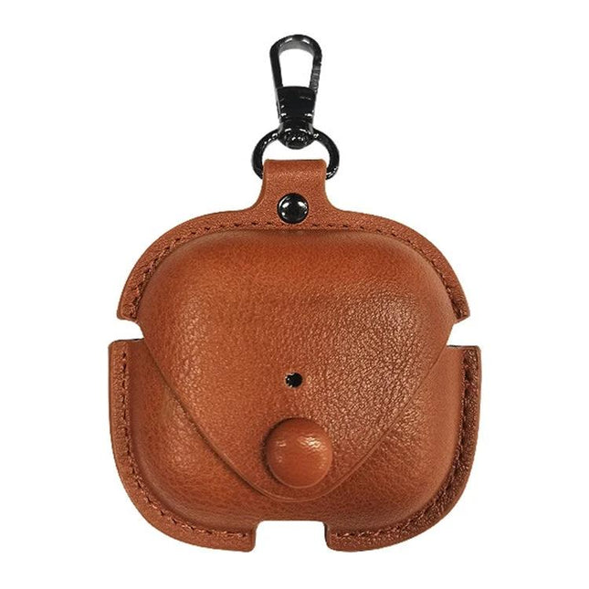 Brown PU Leather Case for Protecting AirPods in Daily Activities with snap closure and keyring clip